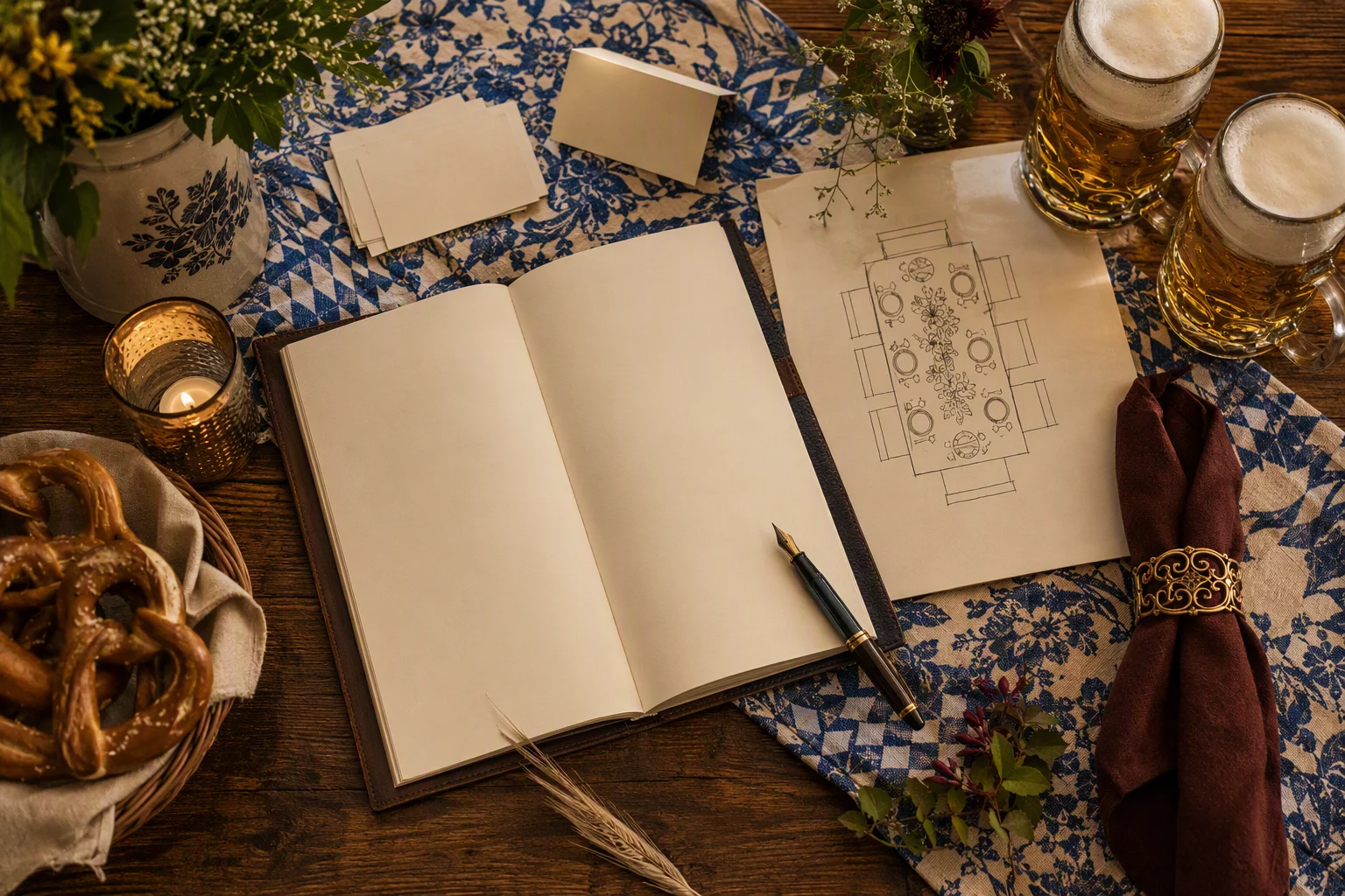 Notebook and table layout sketch prepared for group planning